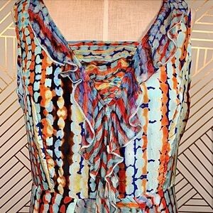 SUNDANCE frilly summer dress w zipper.Striking multicolor silk w lining